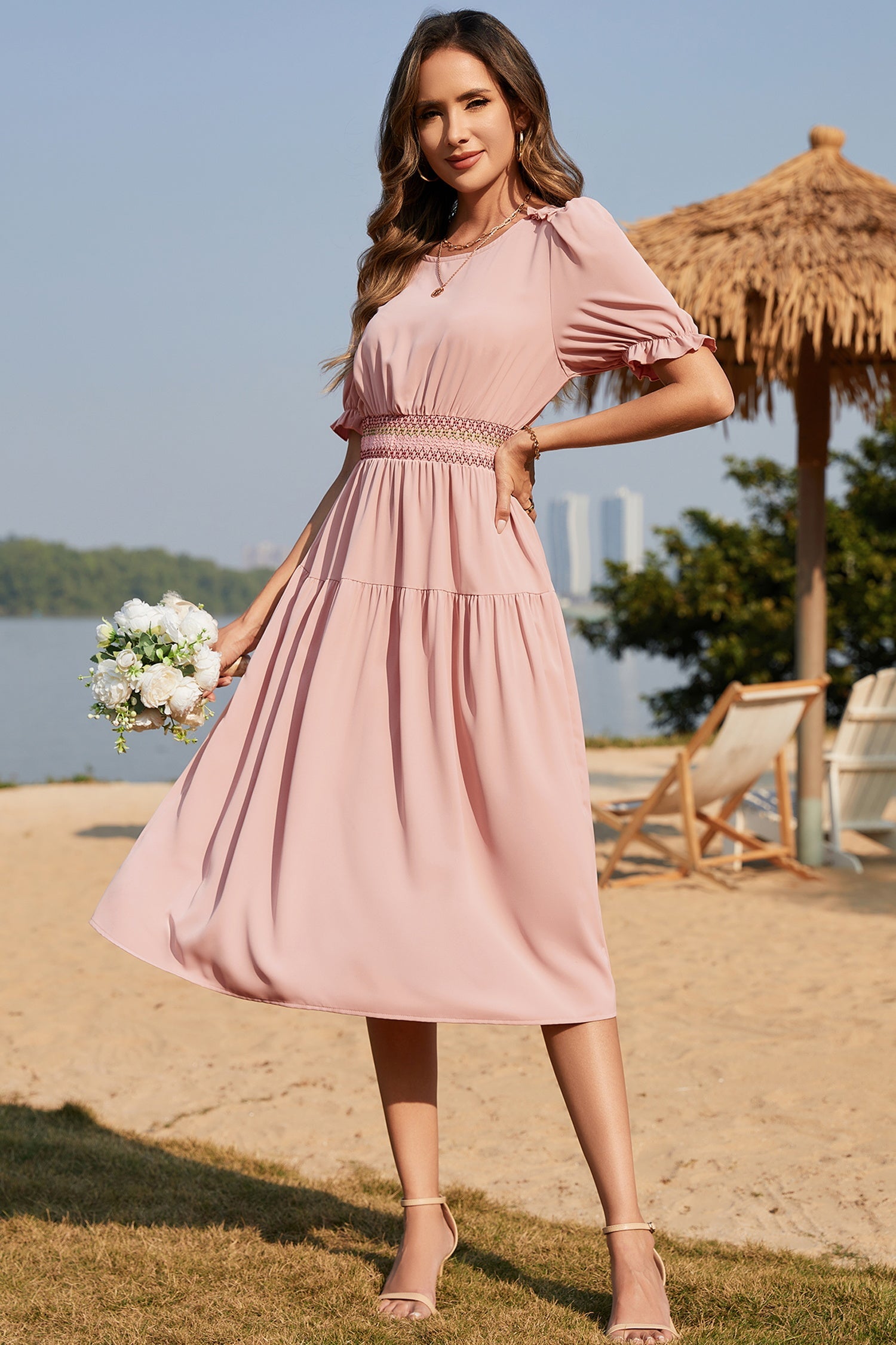 Apricot Contrast Shirred Elastic Waist Short Sleeve Midi Dress