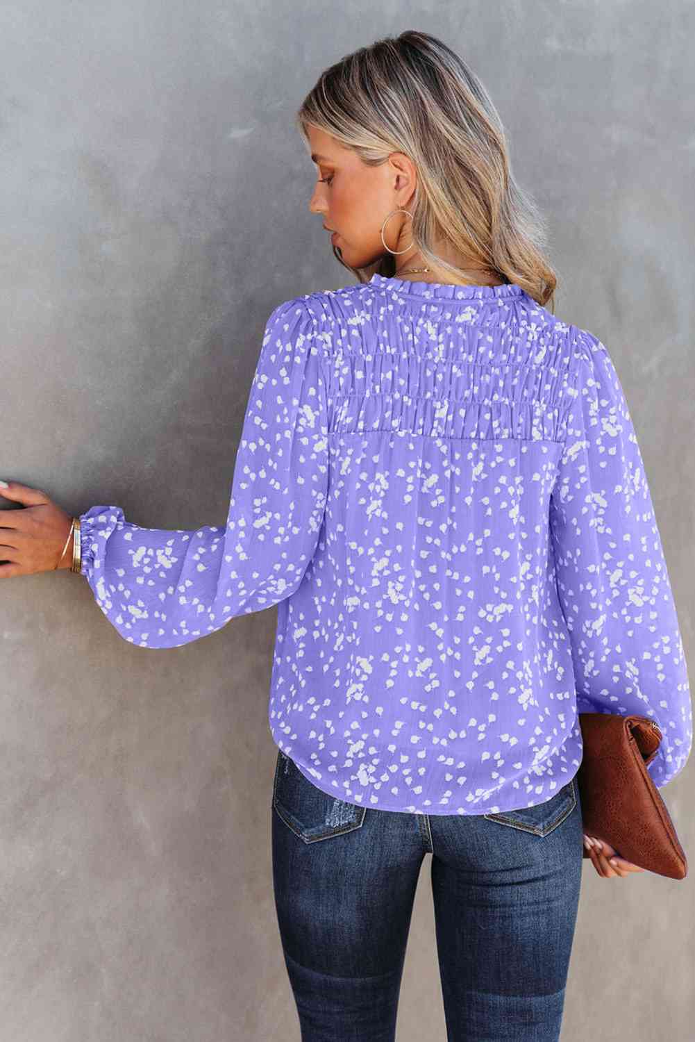 Printed Notched Neck Smocked Blouse