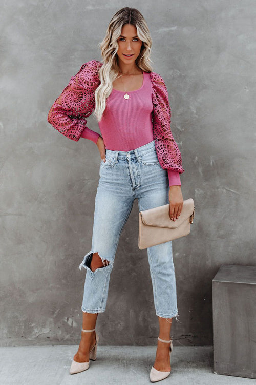 Hollow-Out Long Sleeve Knit Top - 2 Colors