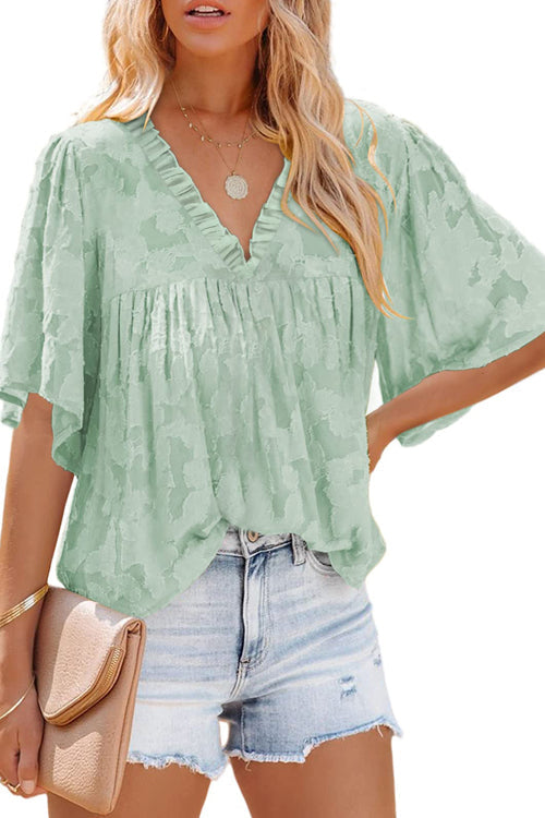 Sheer Floral Jacquard Short Sleeve Top - 7 Colors