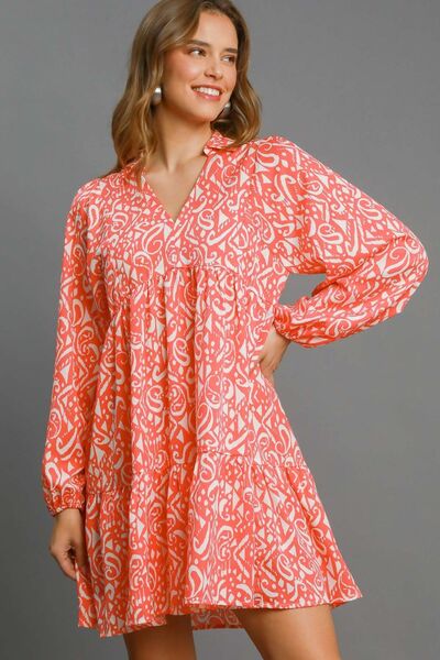 Full Size Two Tone Print Balloon Sleeve Tiered Dress Plus Size