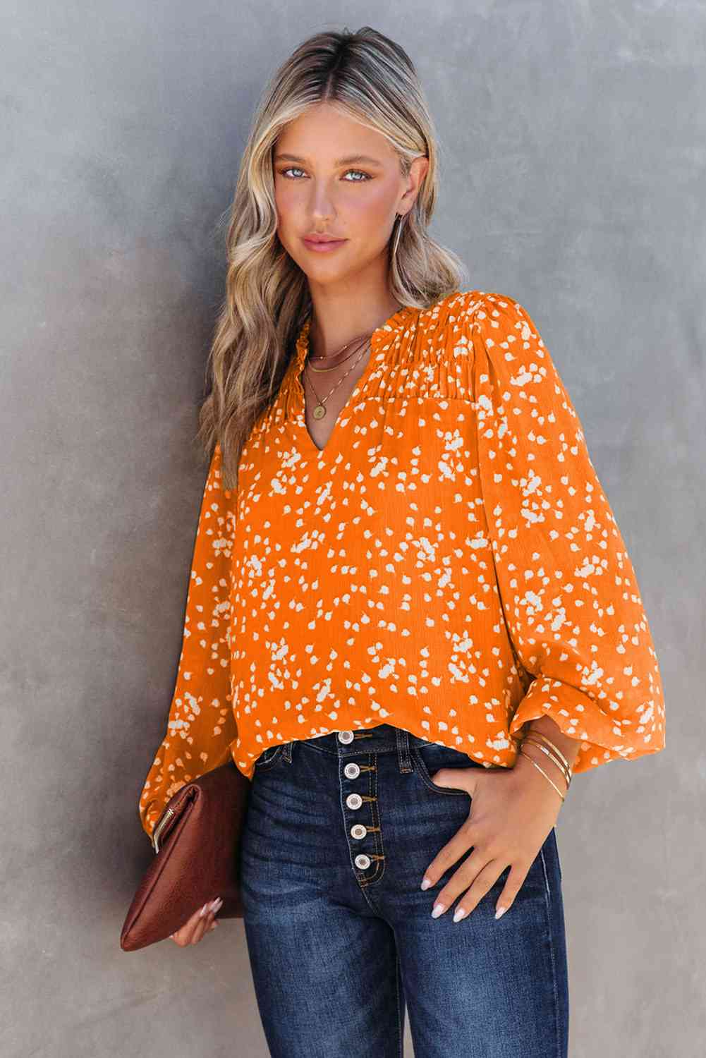 Printed Notched Neck Smocked Blouse