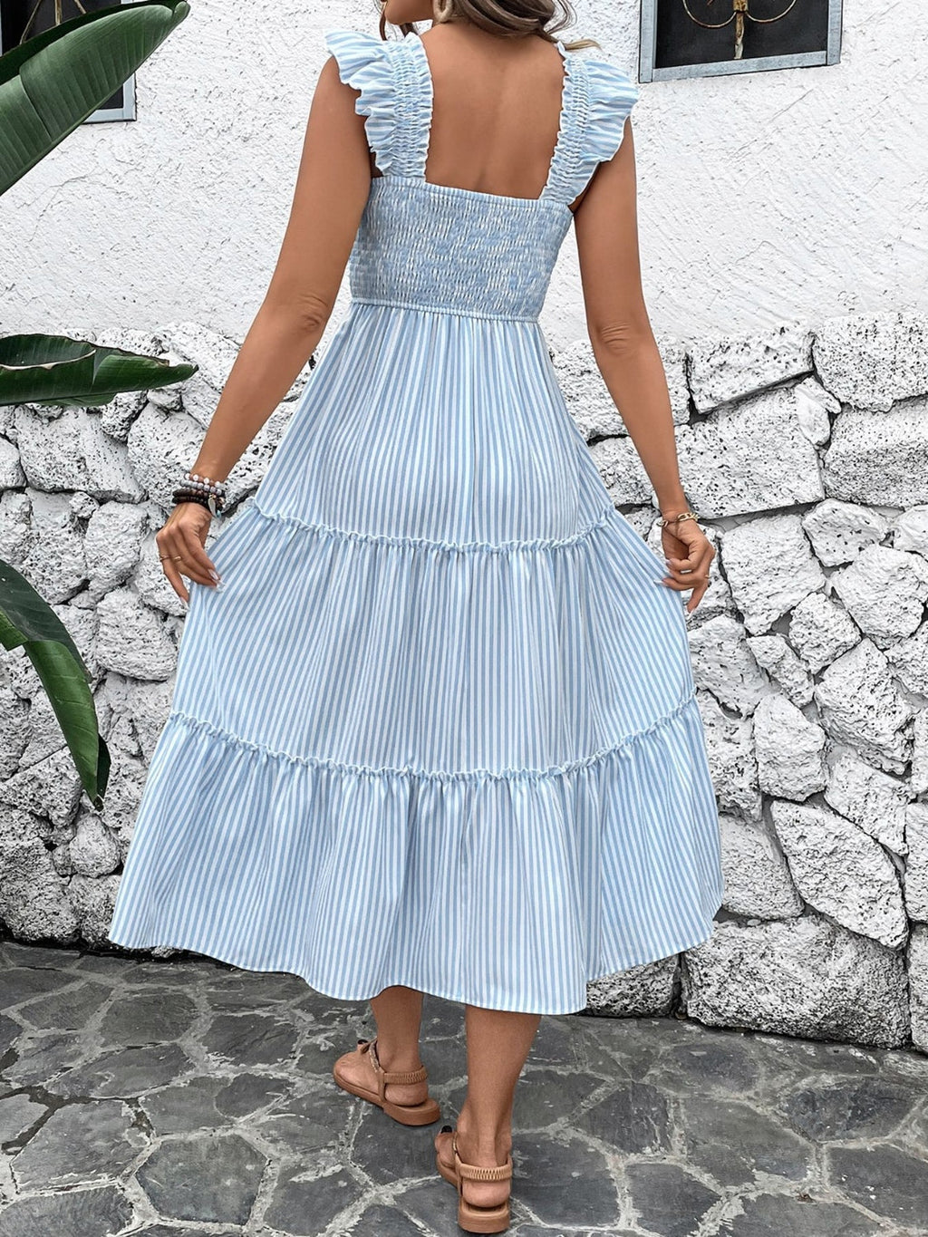 Smocked Striped Wide Striped Midi Dress