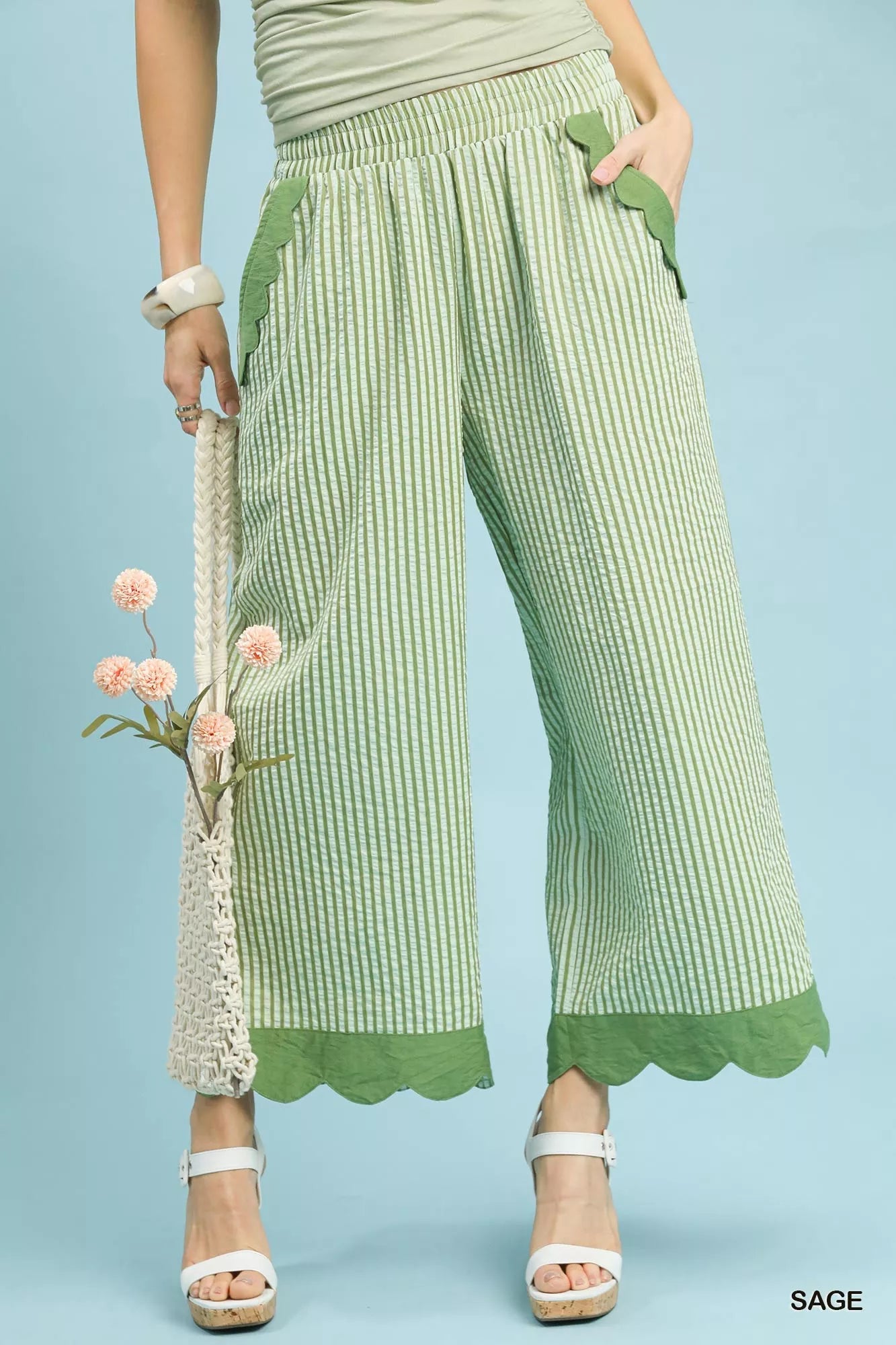 Stripe Scallop Hem Wide Leg Pants