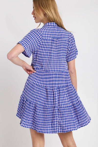 Full Size Gingham Tiered Button Detail Short Sleeve Dress Plus Size