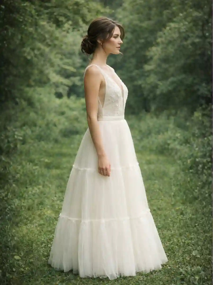 Boho Plunging Neckline Wedding Dress