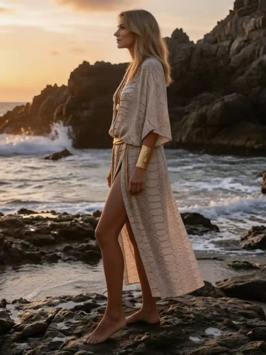 Boho Snake Print Beach Kimono Dress
