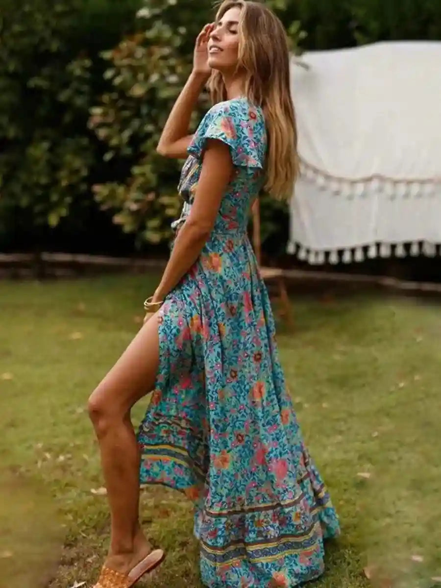 Boho Wrap Blue Maxi Dress
