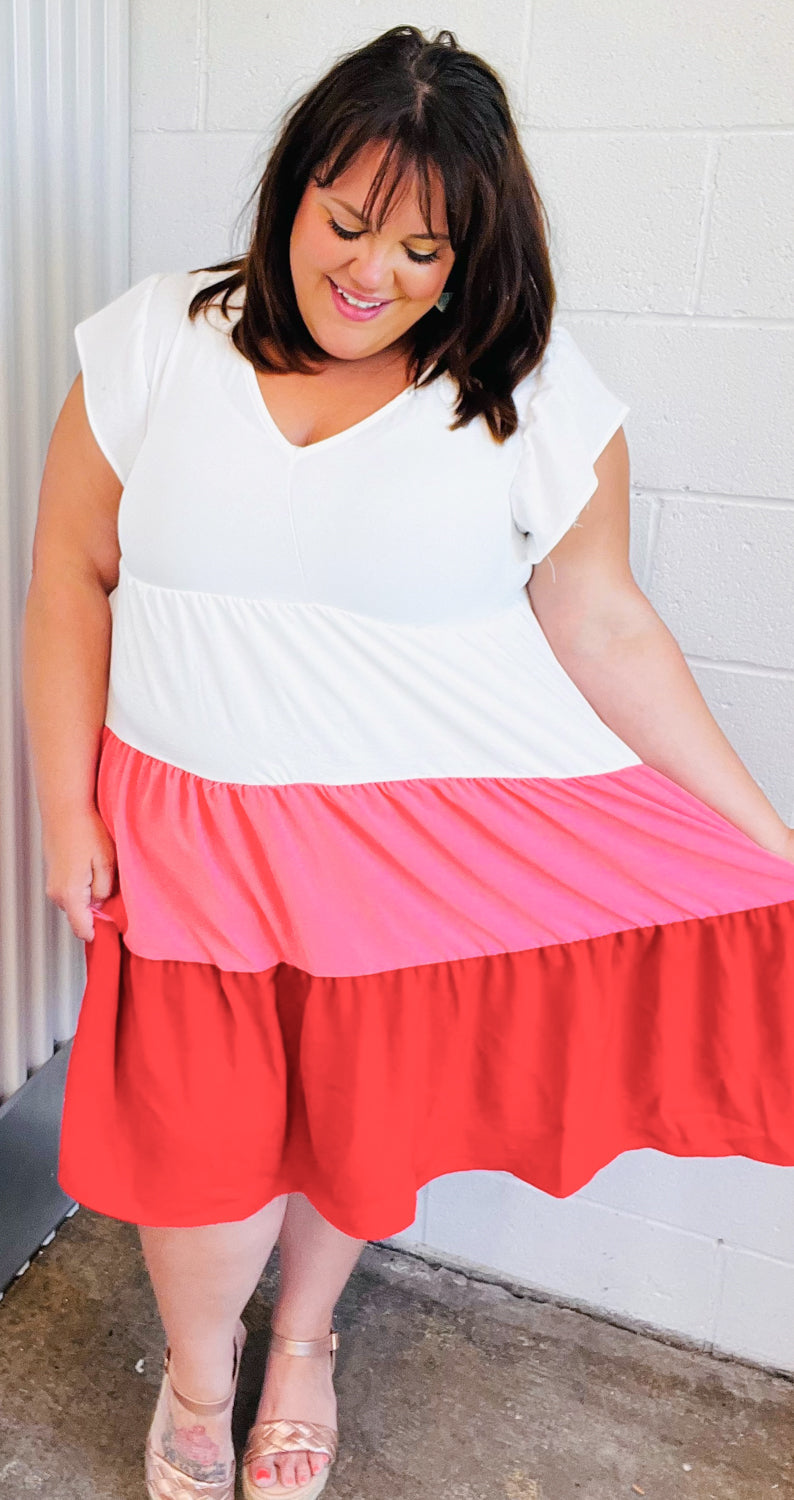 Red Tiered Frill Sleeve Midi Dress