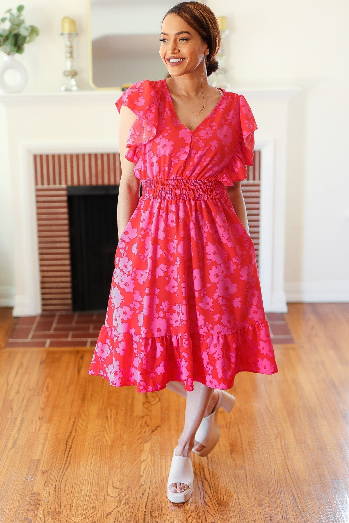 Red & Pink Floral Print Smocked Waist Midi Dress