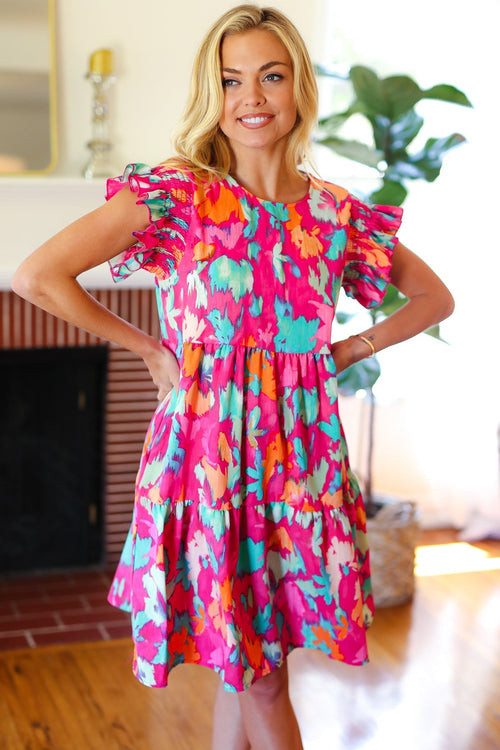 Abstract Floral Print Smocked Ruffle Sleeve Dress