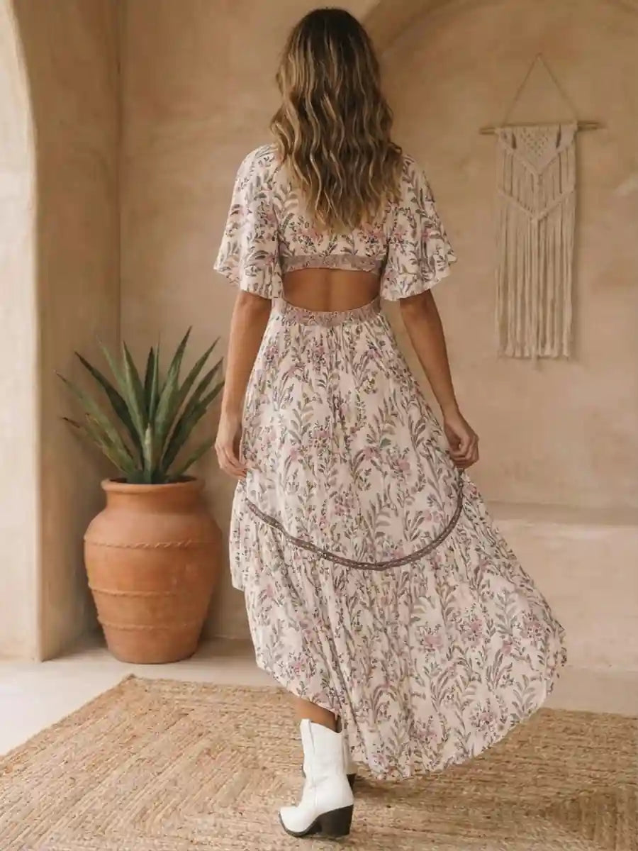 Floral Boho Maxi Dress with Deep V-Neck
