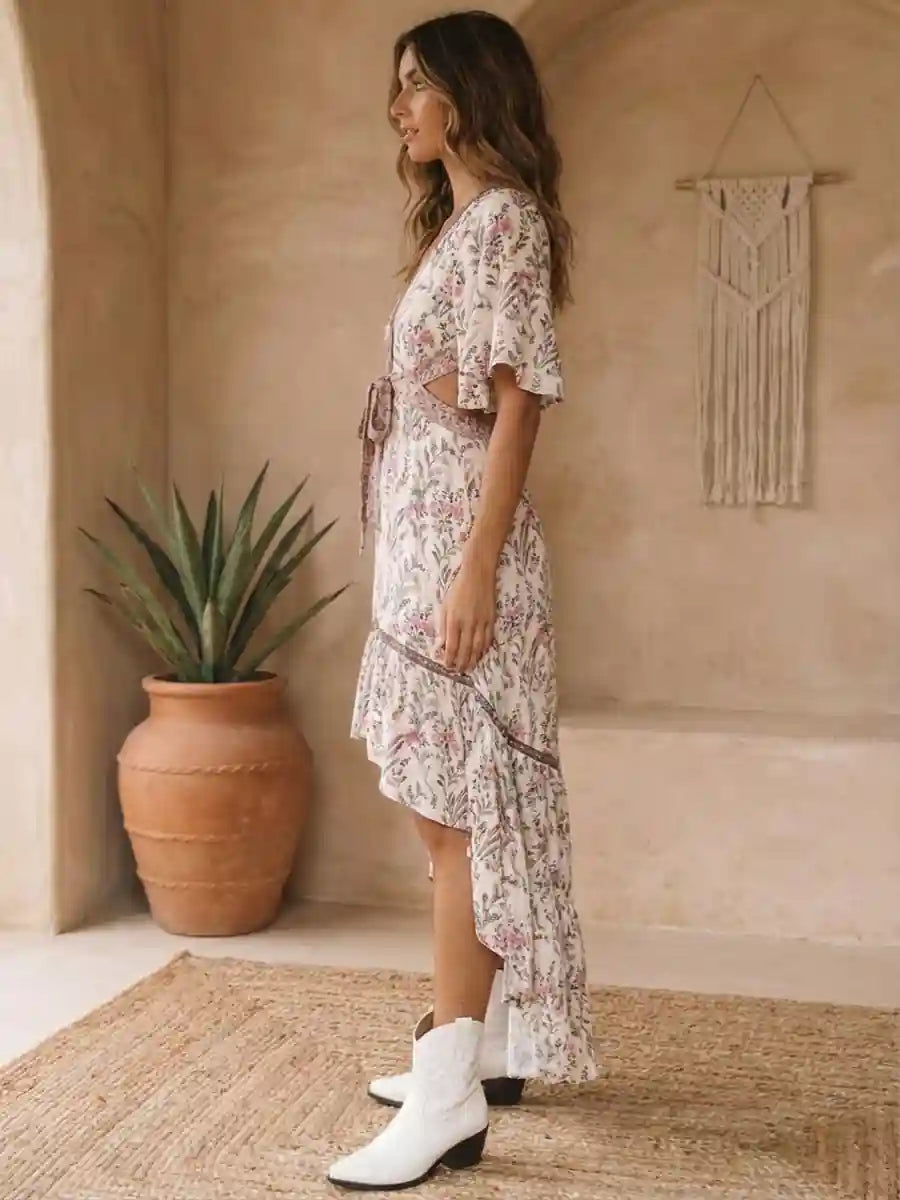 Floral Boho Maxi Dress with Deep V-Neck