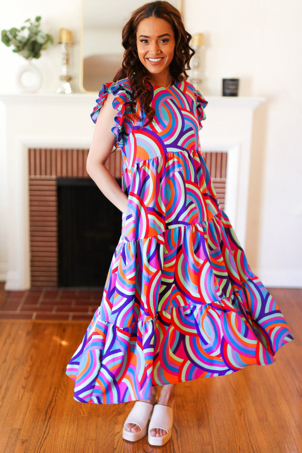 Purple Abstract Print Smocked Ruffle Sleeve Maxi Dress