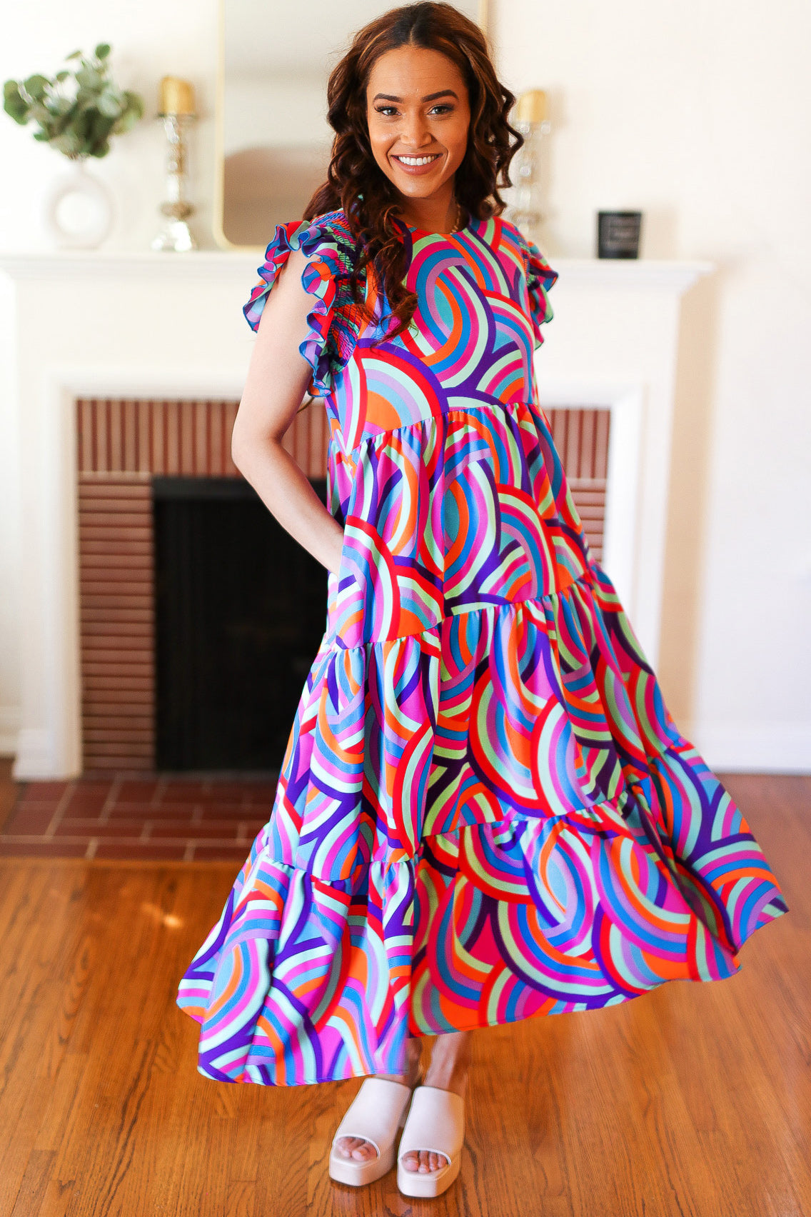 Purple Abstract Print Smocked Ruffle Sleeve Maxi Dress