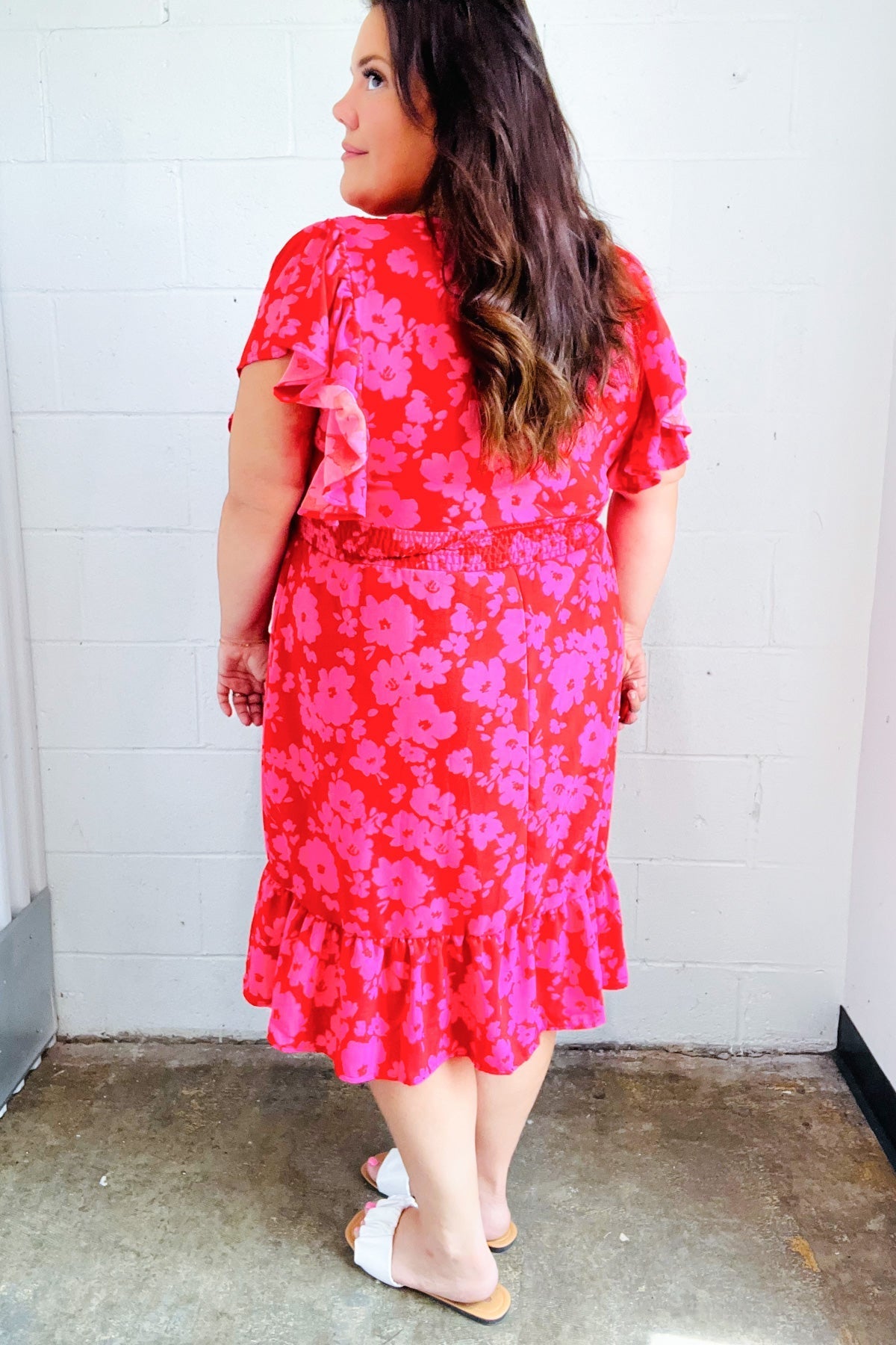 Red & Pink Floral Print Smocked Waist Midi Dress