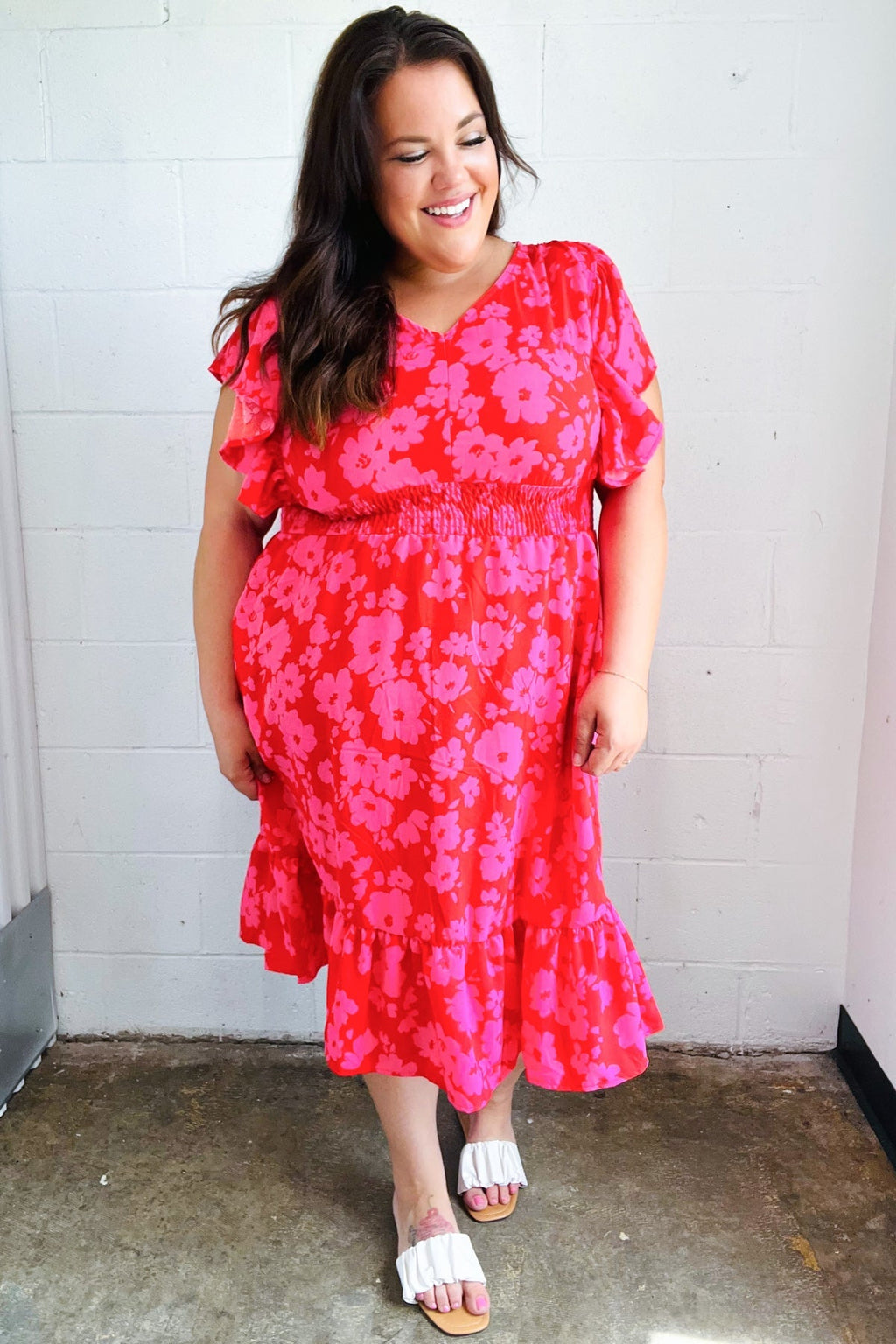 Red & Pink Floral Print Smocked Waist Midi Dress
