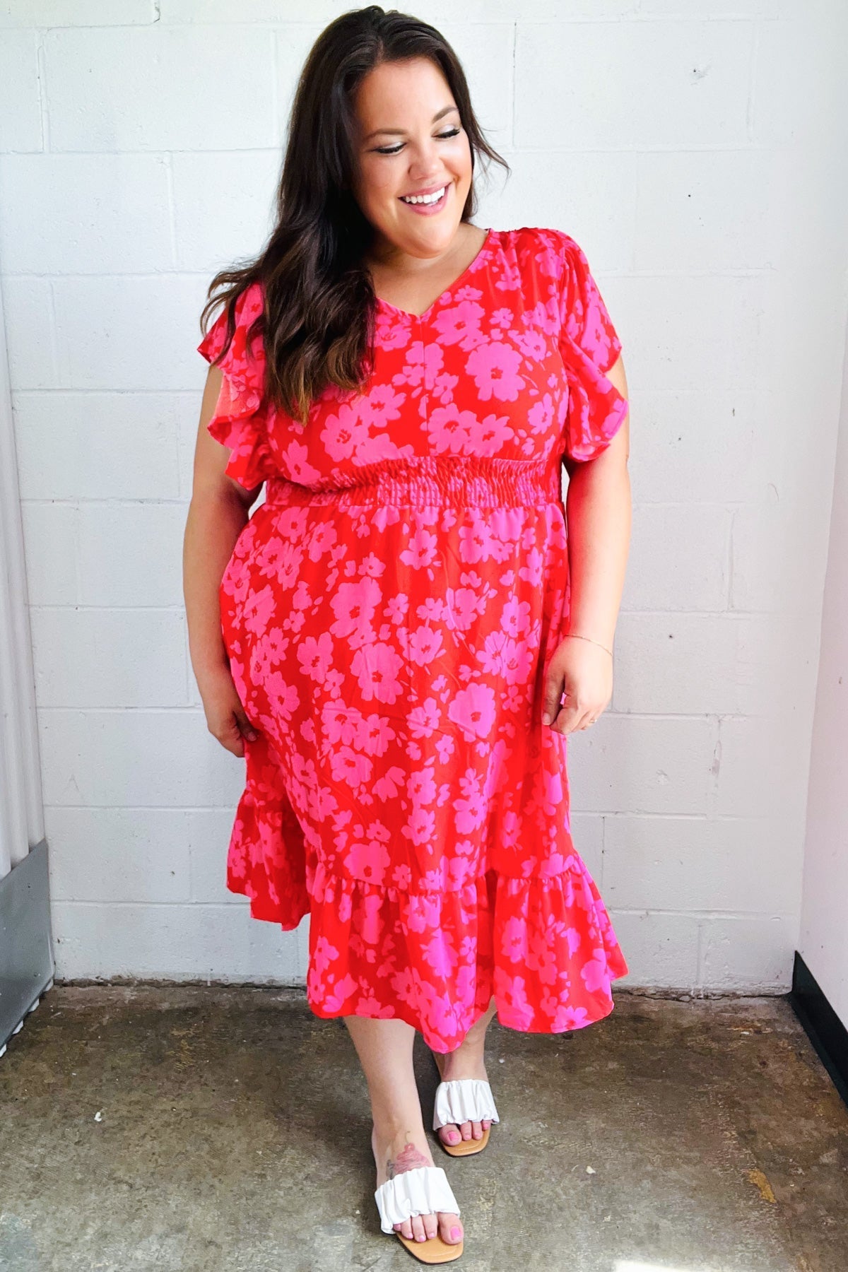 Red & Pink Floral Print Smocked Waist Midi Dress