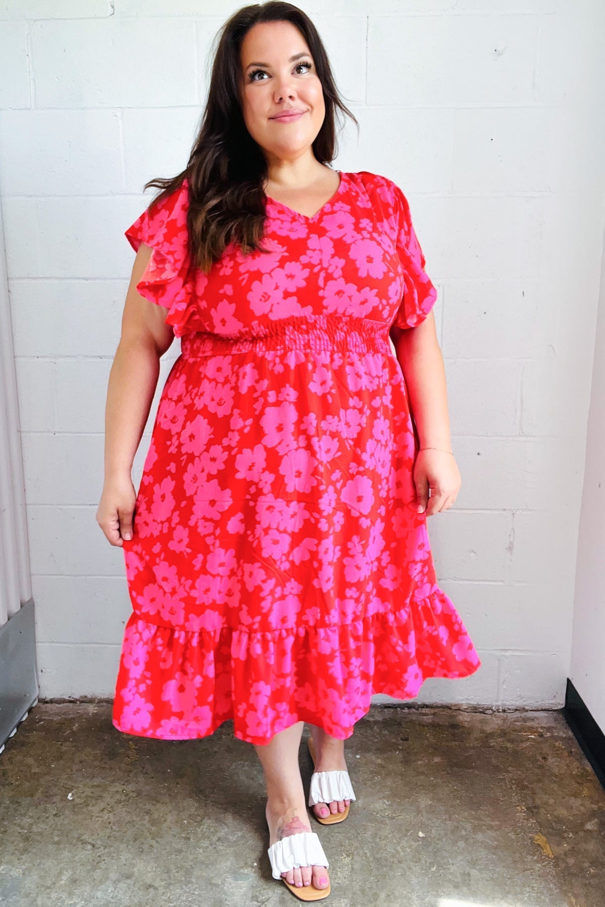 Red & Pink Floral Print Smocked Waist Midi Dress