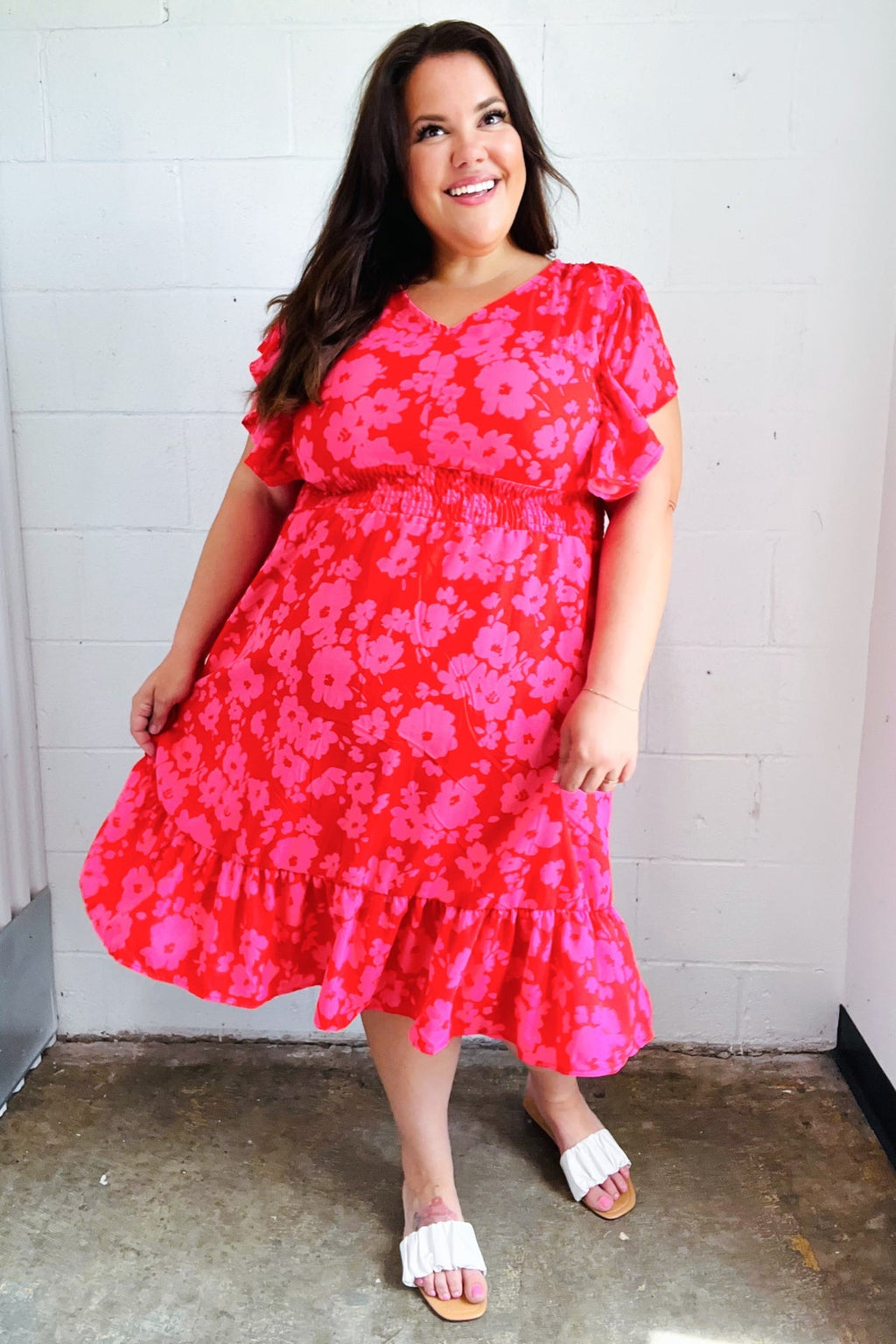 Red & Pink Floral Print Smocked Waist Midi Dress