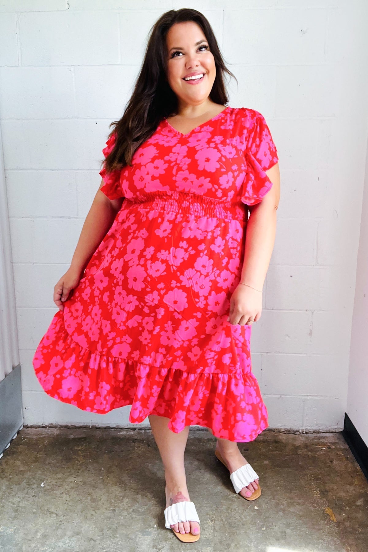 Red & Pink Floral Print Smocked Waist Midi Dress