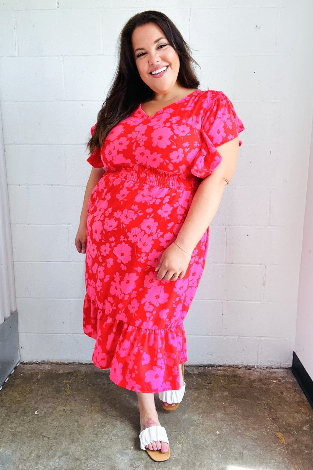 Red & Pink Floral Print Smocked Waist Midi Dress