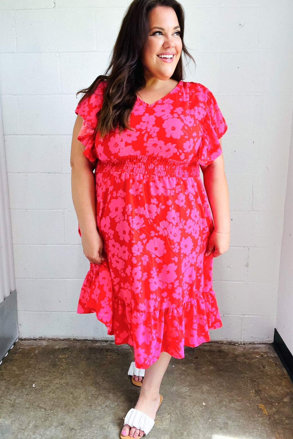 Red & Pink Floral Print Smocked Waist Midi Dress