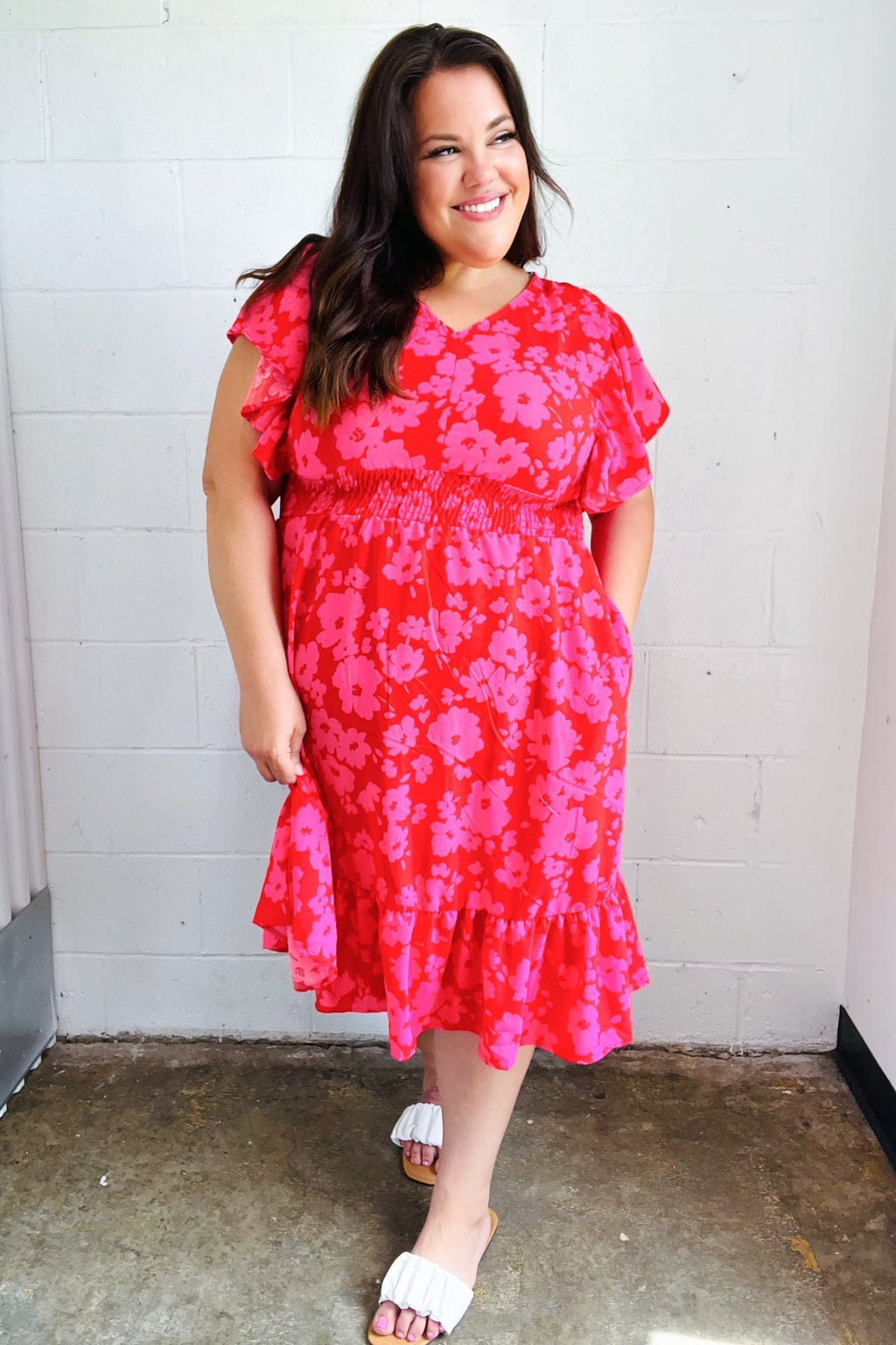 Red & Pink Floral Print Smocked Waist Midi Dress