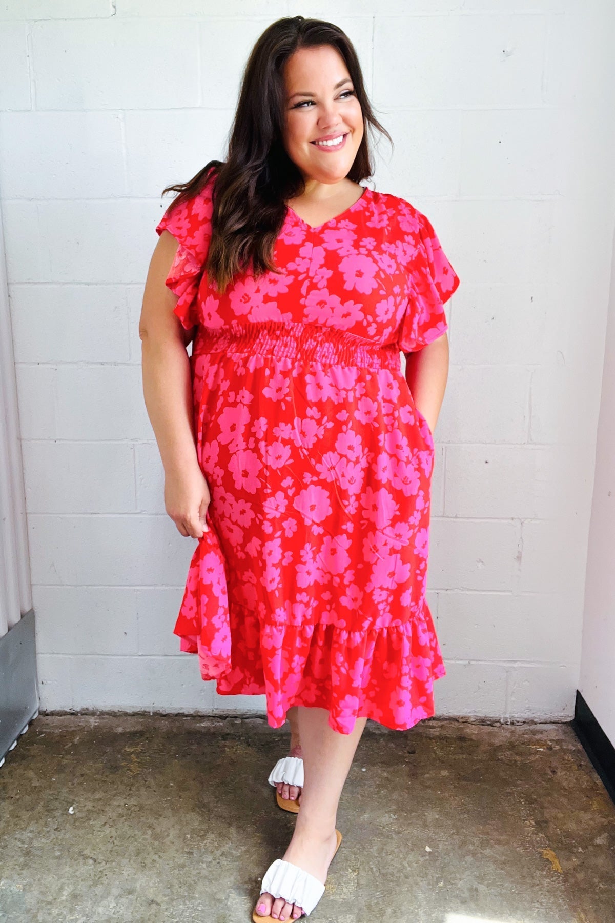 Red & Pink Floral Print Smocked Waist Midi Dress