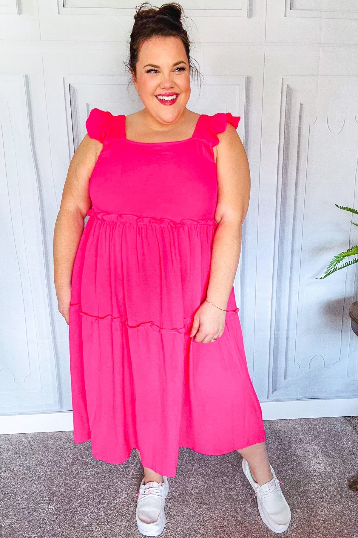 Fuchsia Smocked Flutter Sleeve Tiered Midi Dress