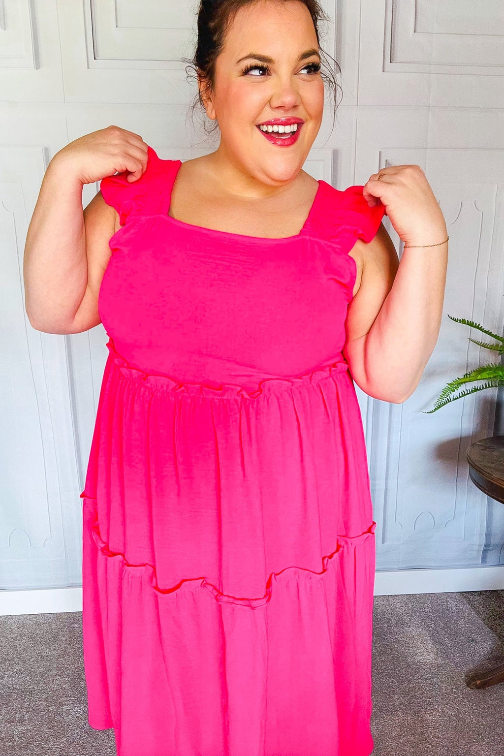 Fuchsia Smocked Flutter Sleeve Tiered Midi Dress