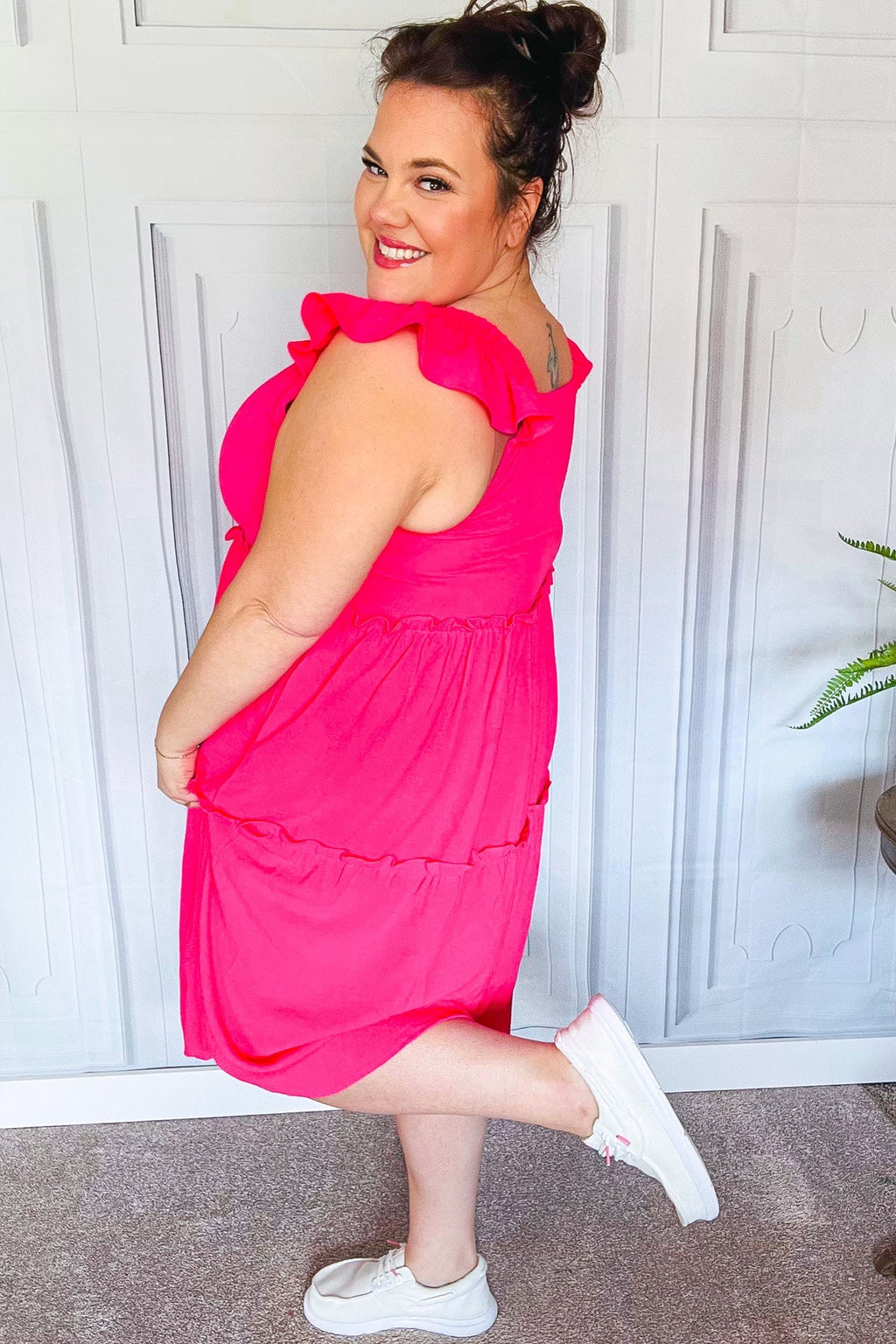 Fuchsia Smocked Flutter Sleeve Tiered Midi Dress