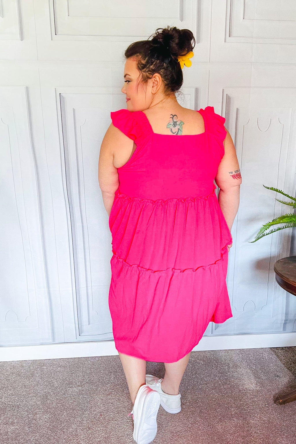 Fuchsia Smocked Flutter Sleeve Tiered Midi Dress