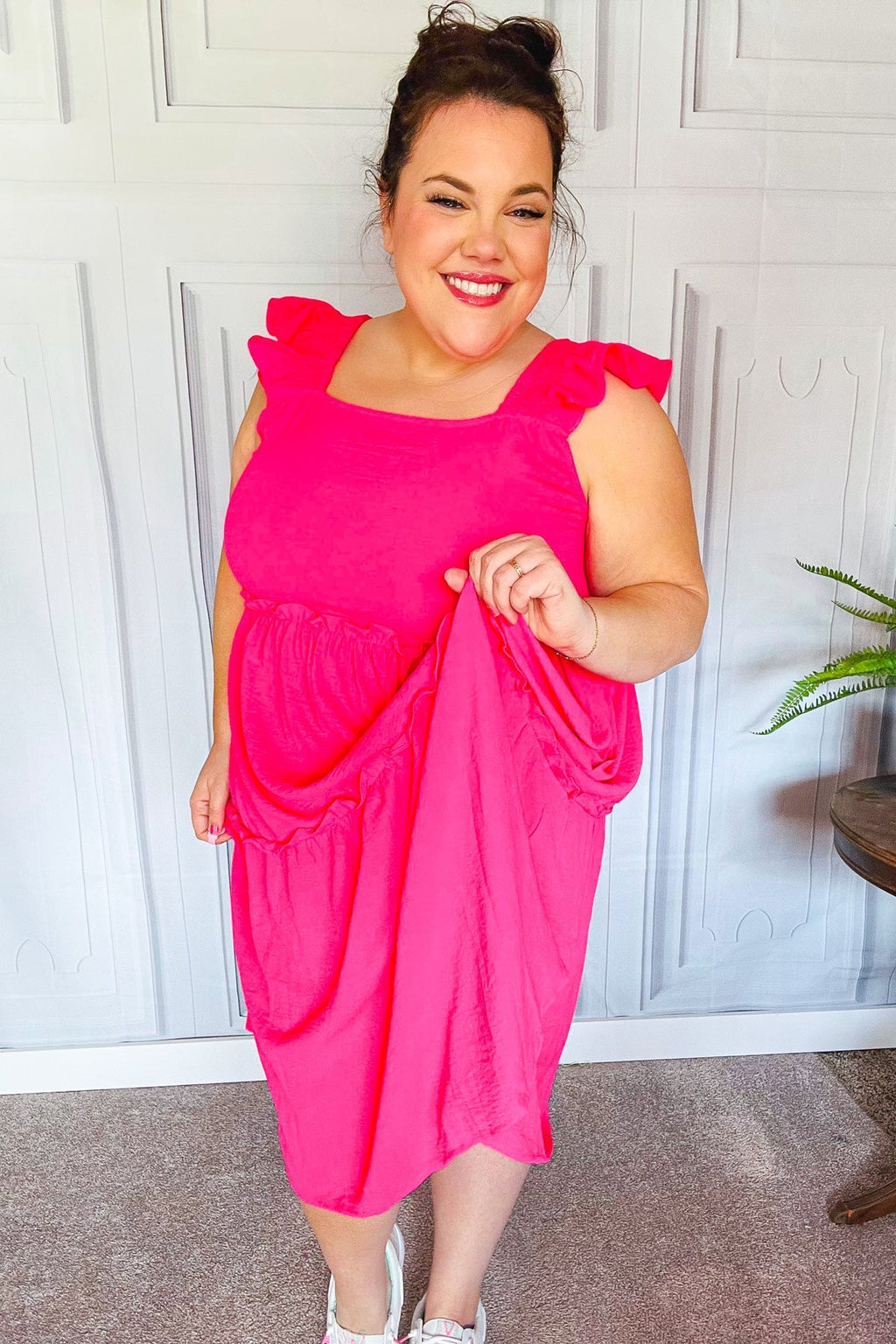 Fuchsia Smocked Flutter Sleeve Tiered Midi Dress