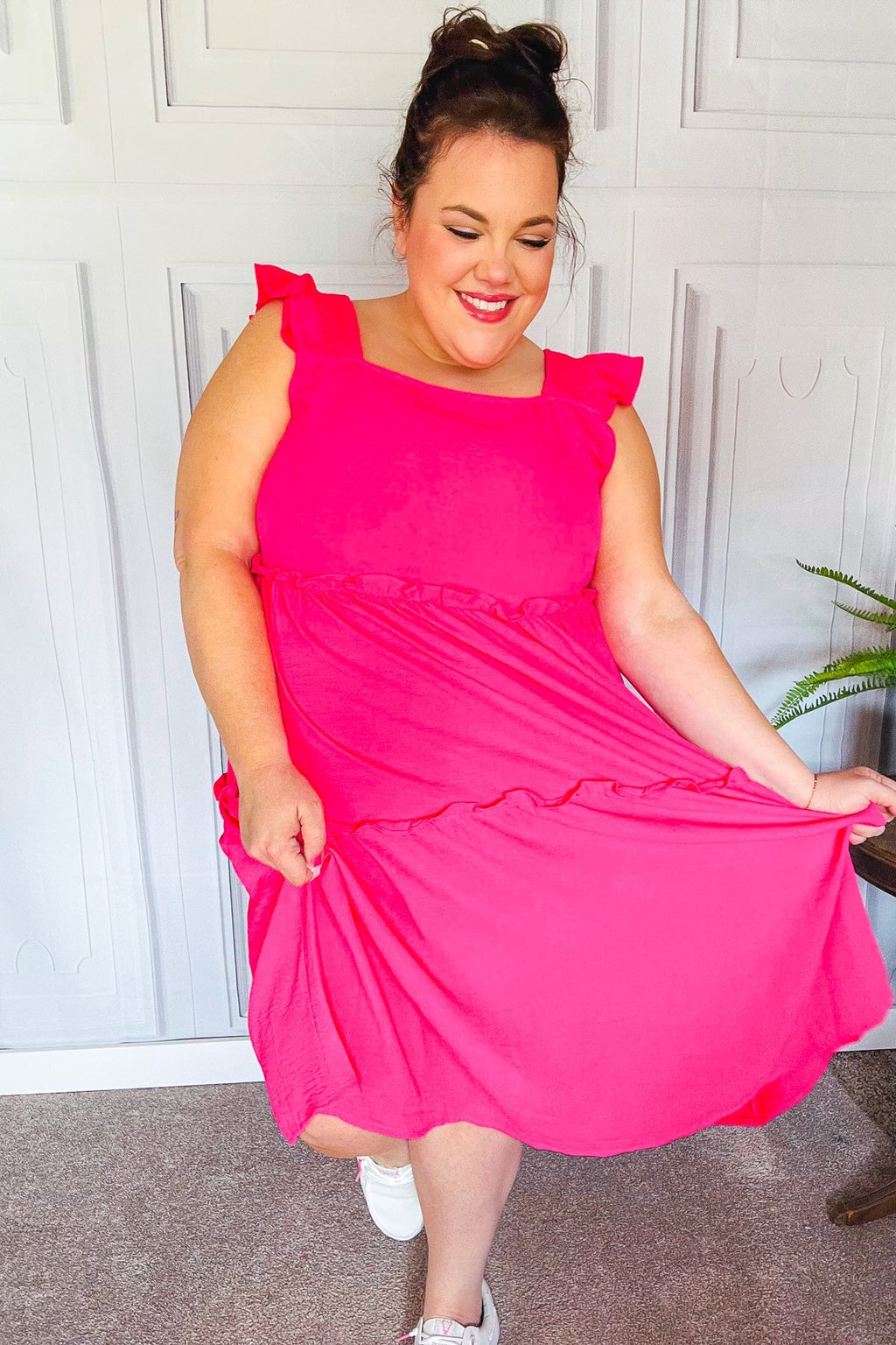 Fuchsia Smocked Flutter Sleeve Tiered Midi Dress