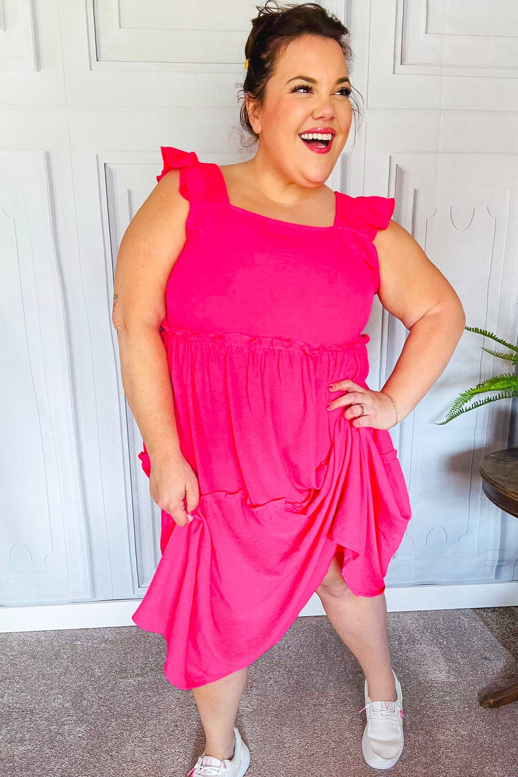 Fuchsia Smocked Flutter Sleeve Tiered Midi Dress