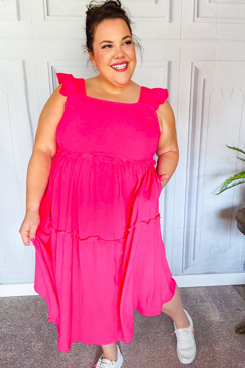 Fuchsia Smocked Flutter Sleeve Tiered Midi Dress