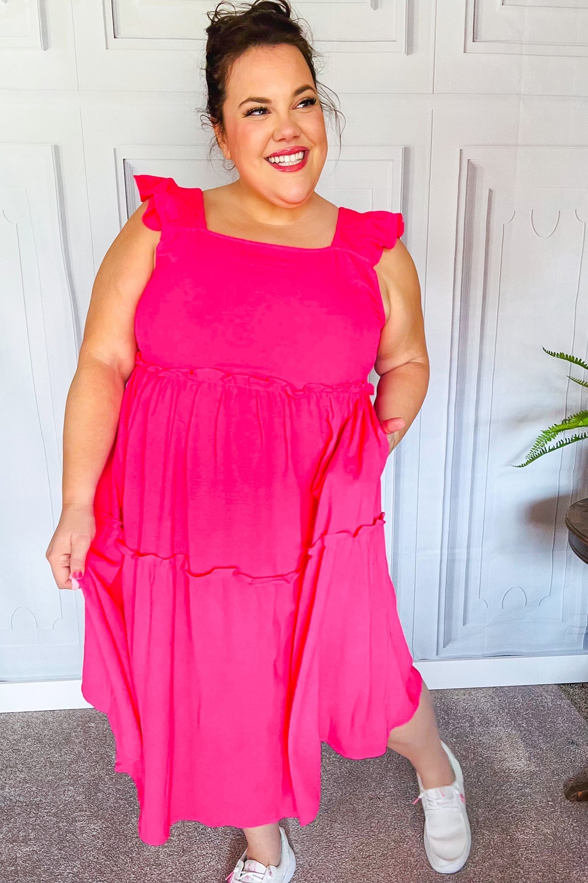 Fuchsia Smocked Flutter Sleeve Tiered Midi Dress