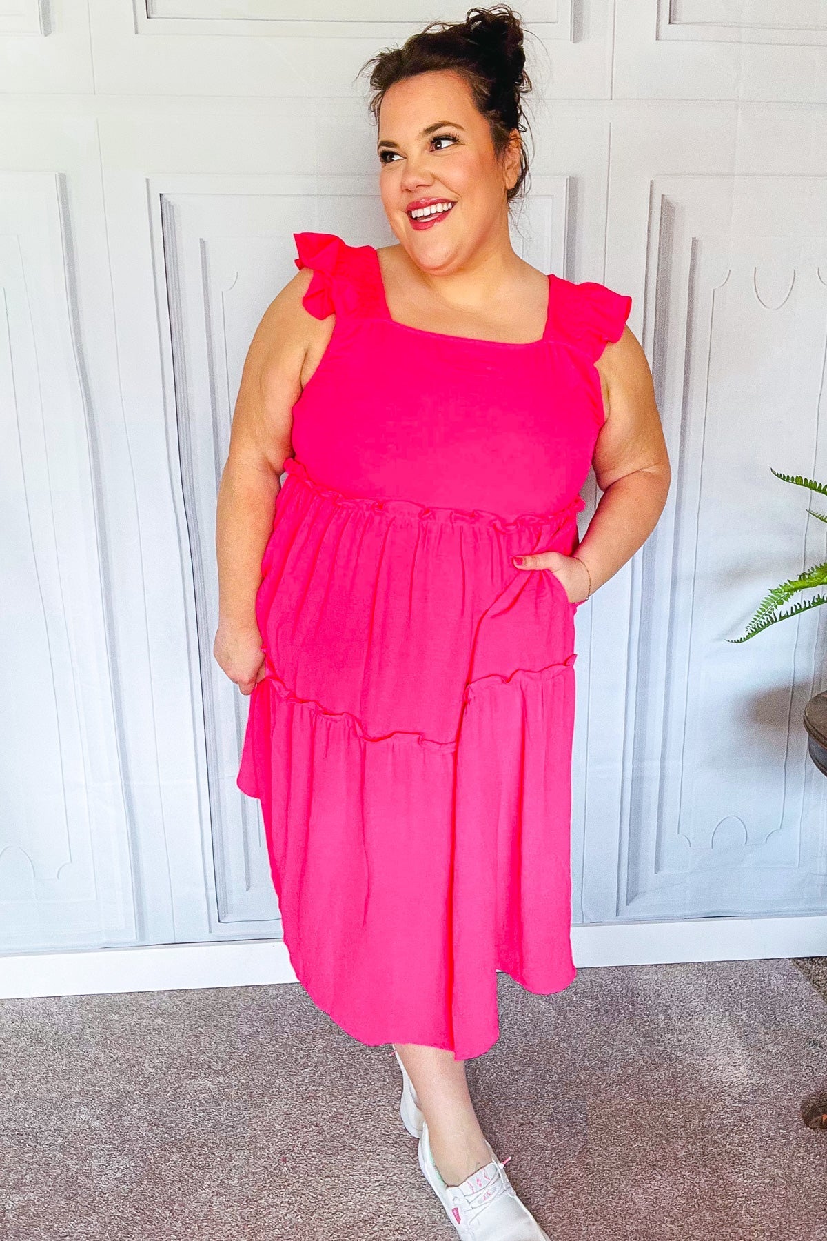 Fuchsia Smocked Flutter Sleeve Tiered Midi Dress