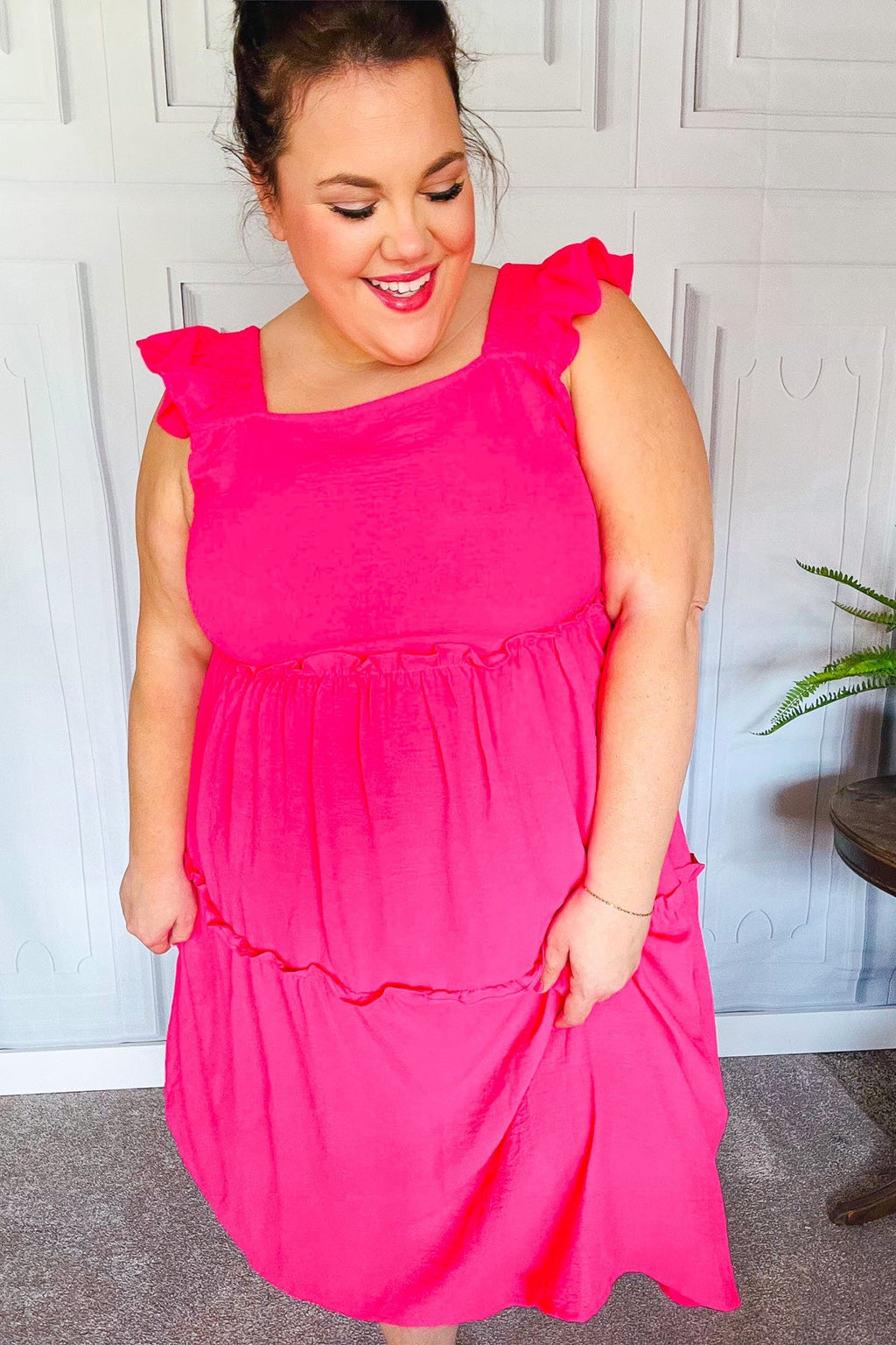 Fuchsia Smocked Flutter Sleeve Tiered Midi Dress