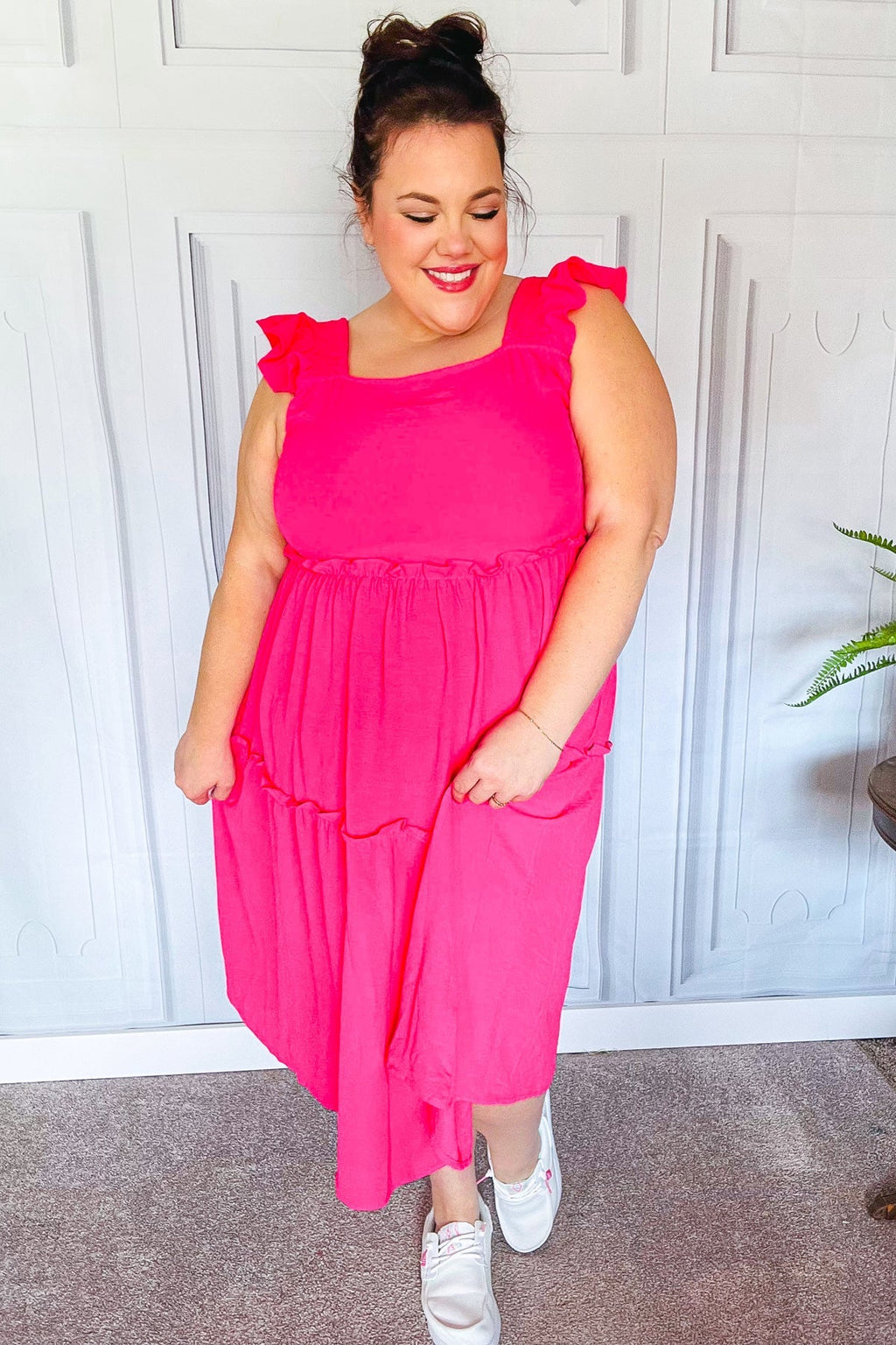 Fuchsia Smocked Flutter Sleeve Tiered Midi Dress