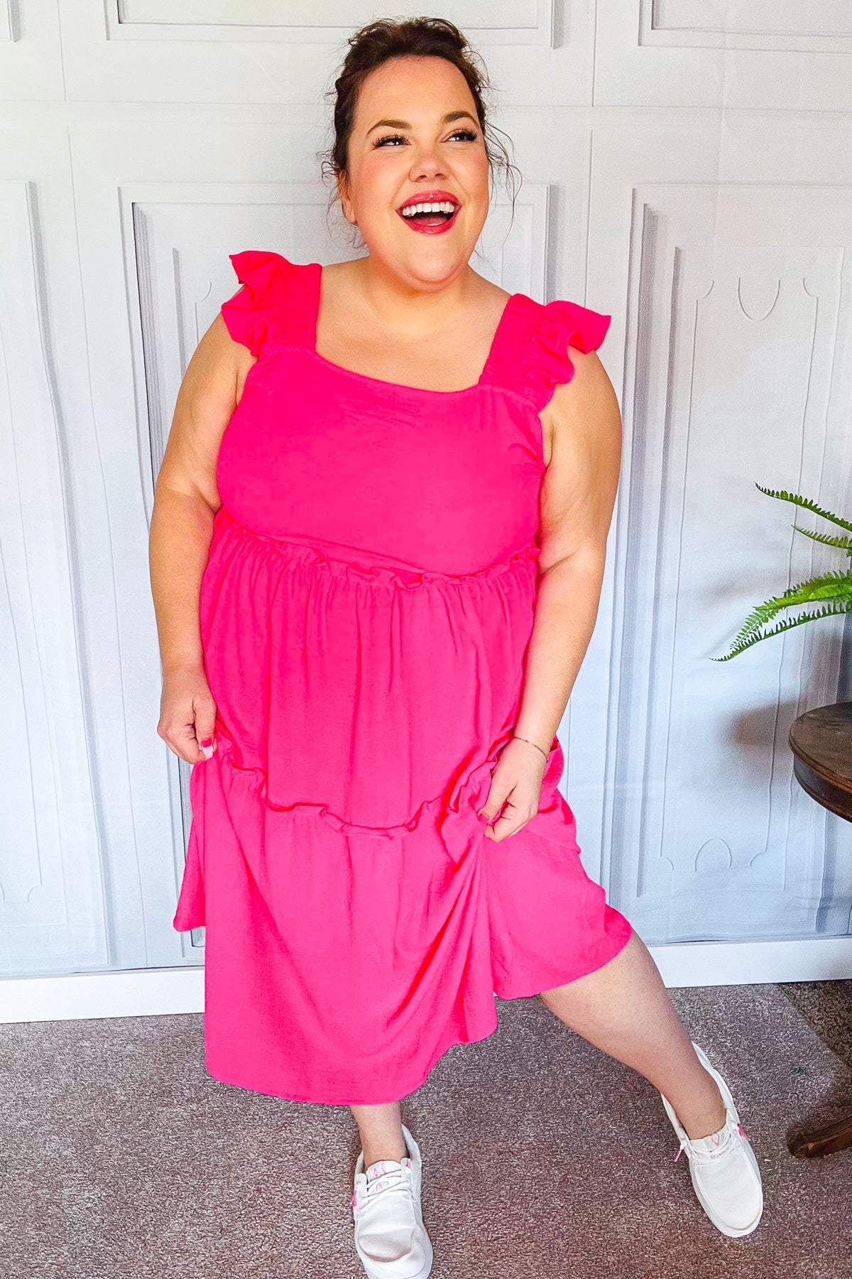 Fuchsia Smocked Flutter Sleeve Tiered Midi Dress
