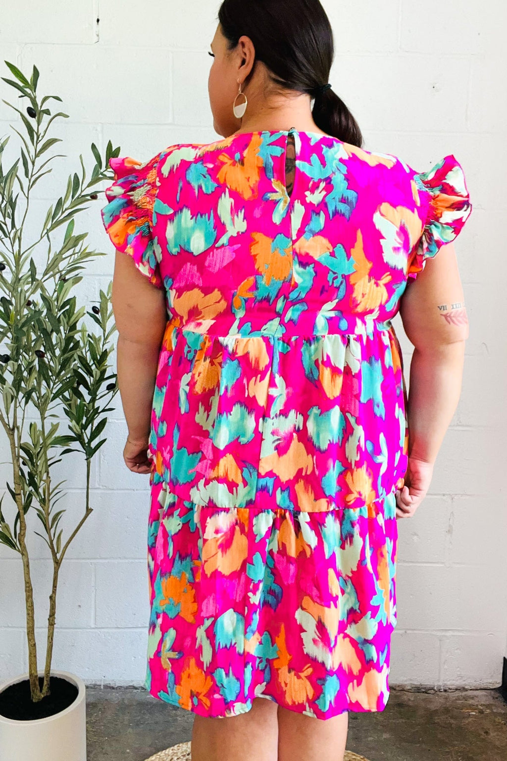 Abstract Floral Print Smocked Ruffle Sleeve Dress