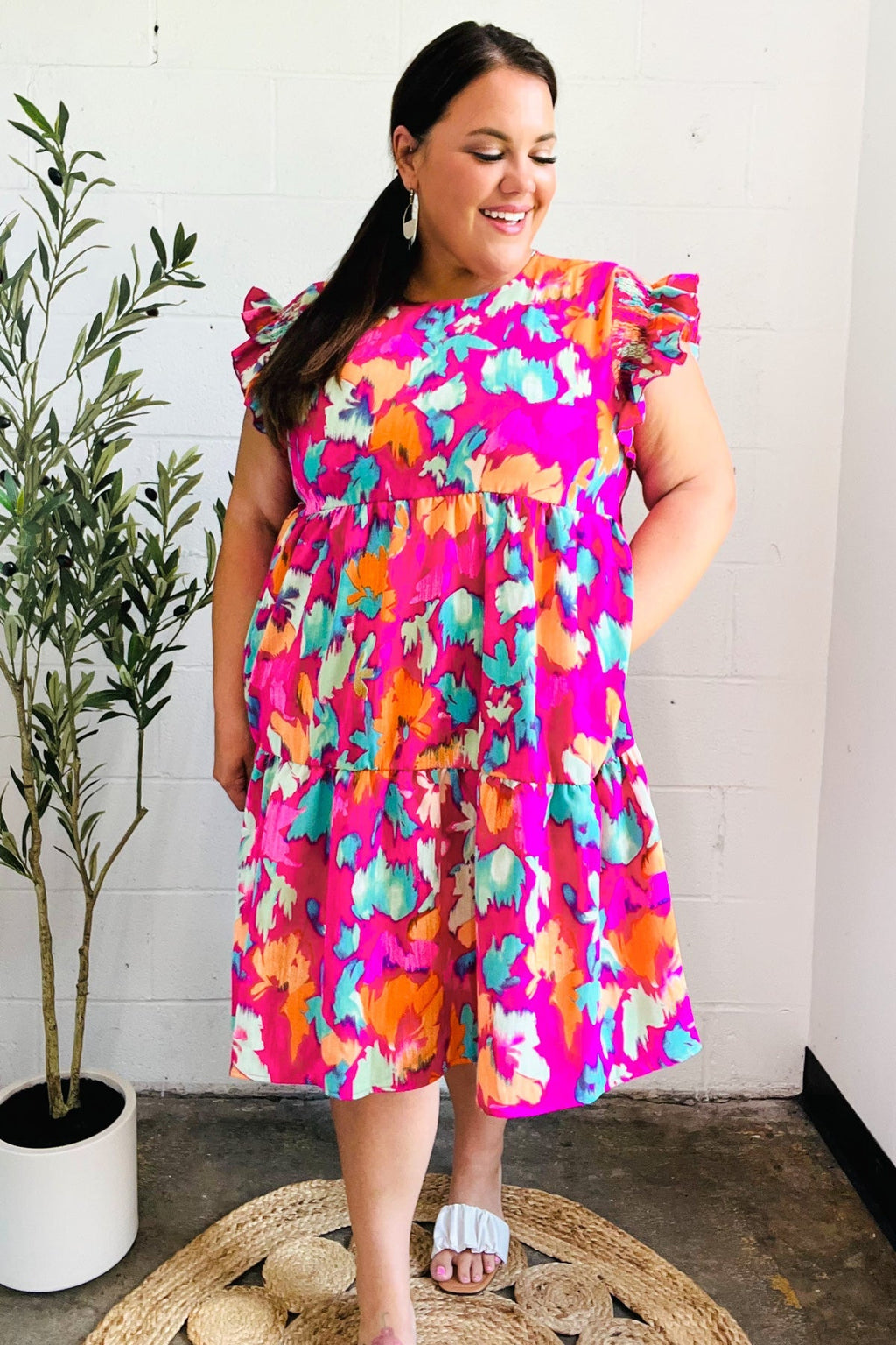 Abstract Floral Print Smocked Ruffle Sleeve Dress