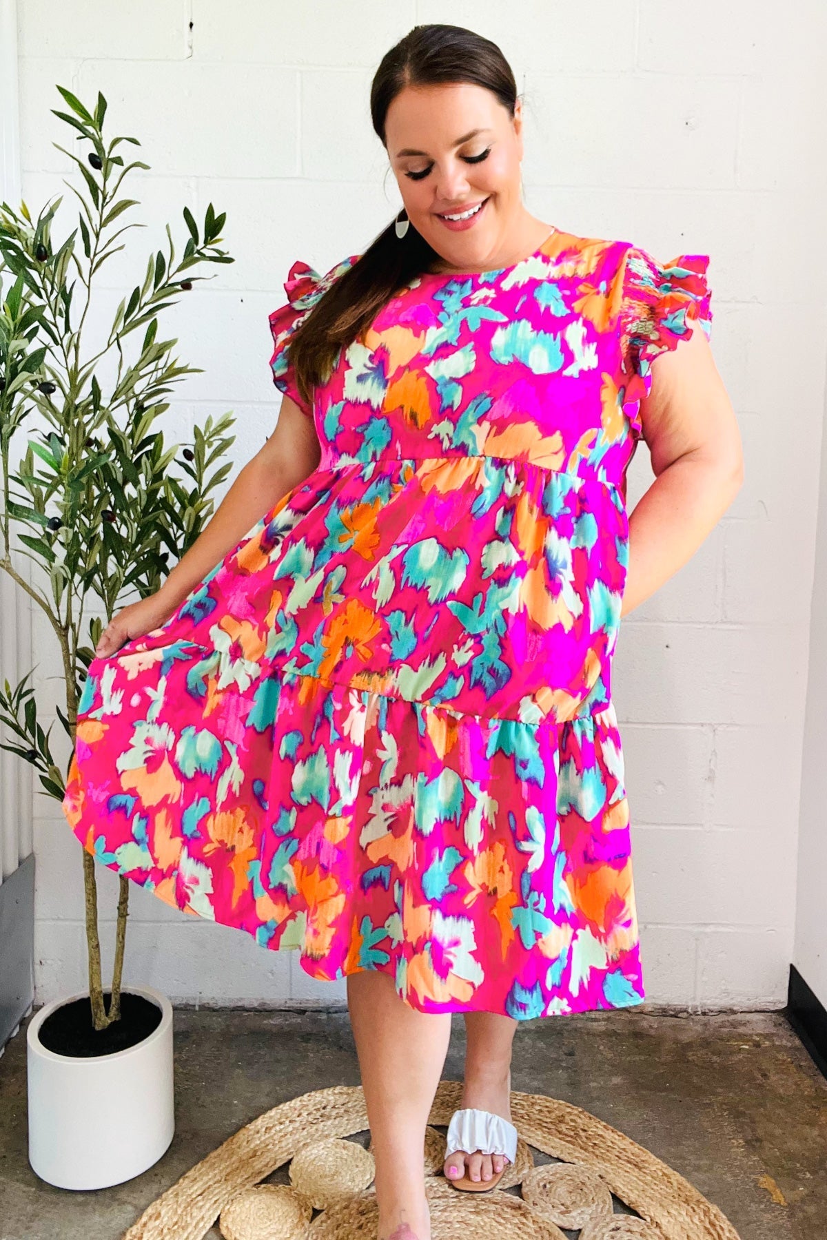 Abstract Floral Print Smocked Ruffle Sleeve Dress