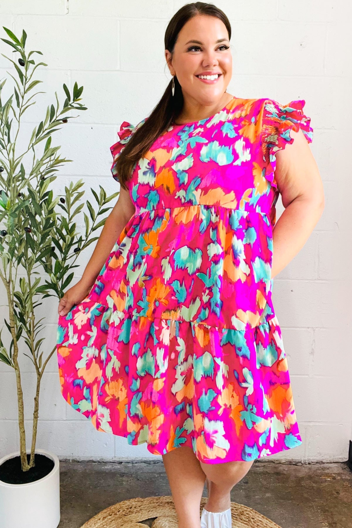 Abstract Floral Print Smocked Ruffle Sleeve Dress