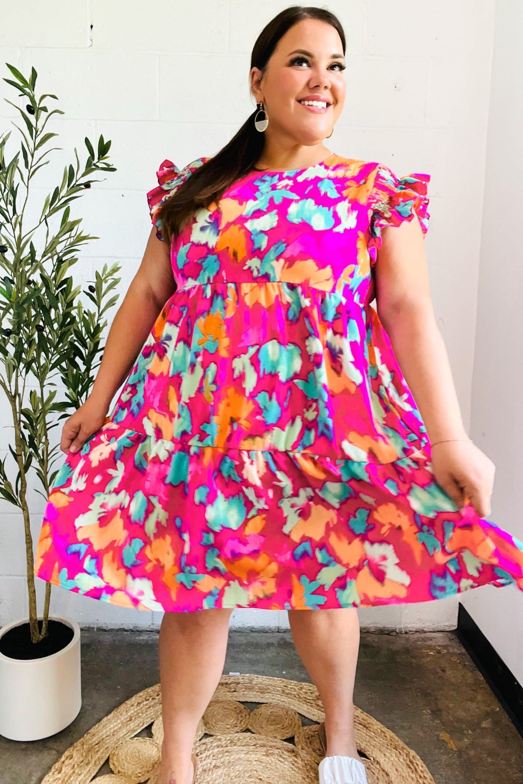 Abstract Floral Print Smocked Ruffle Sleeve Dress