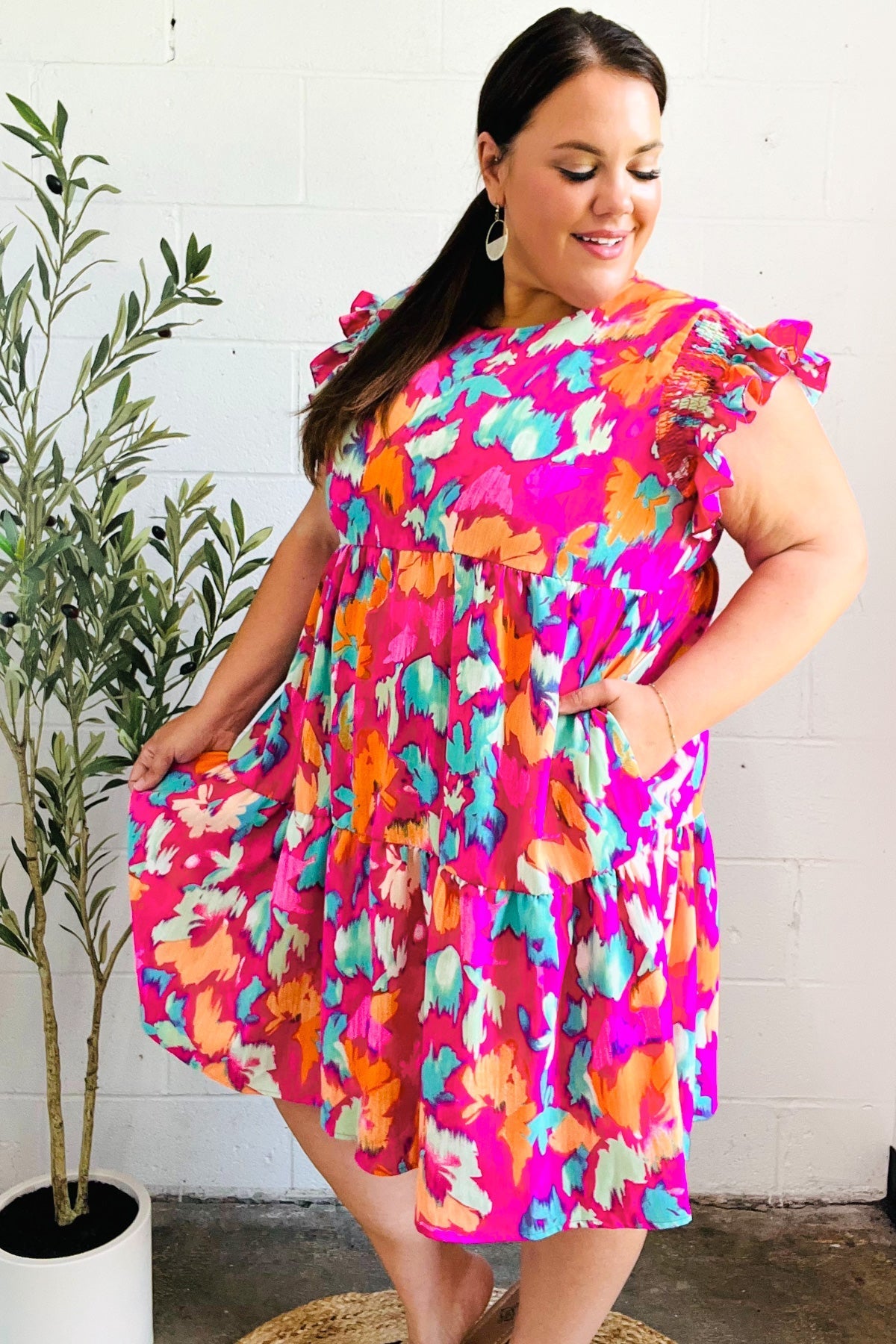 Abstract Floral Print Smocked Ruffle Sleeve Dress