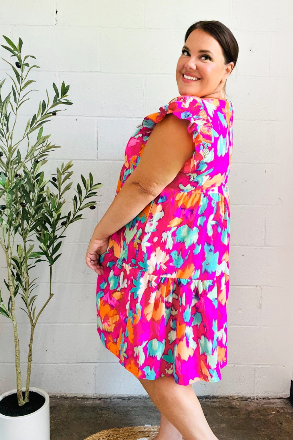 Abstract Floral Print Smocked Ruffle Sleeve Dress