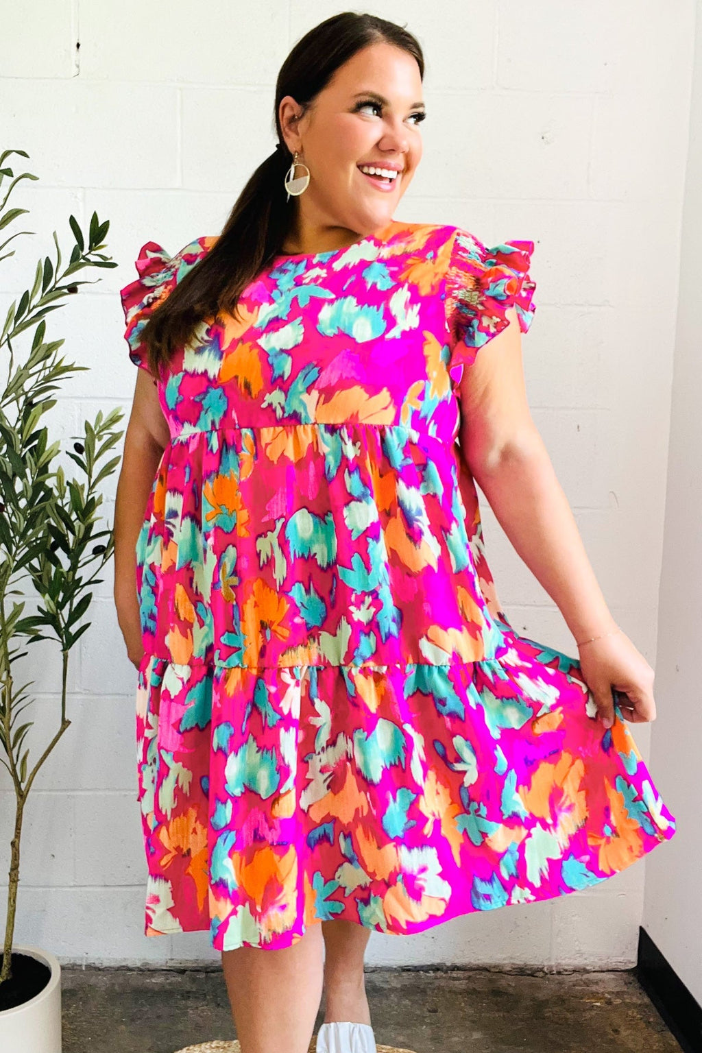 Abstract Floral Print Smocked Ruffle Sleeve Dress